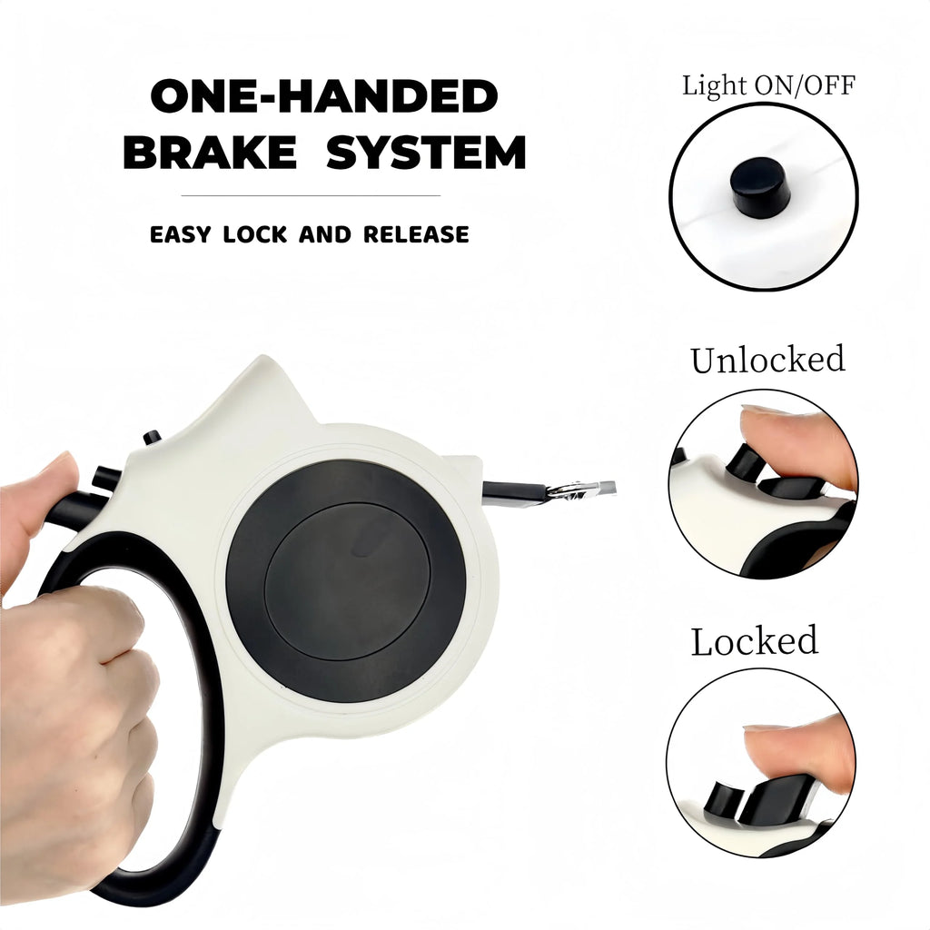 Retractable dog leash with one-handed brake system and easy lock and release features.