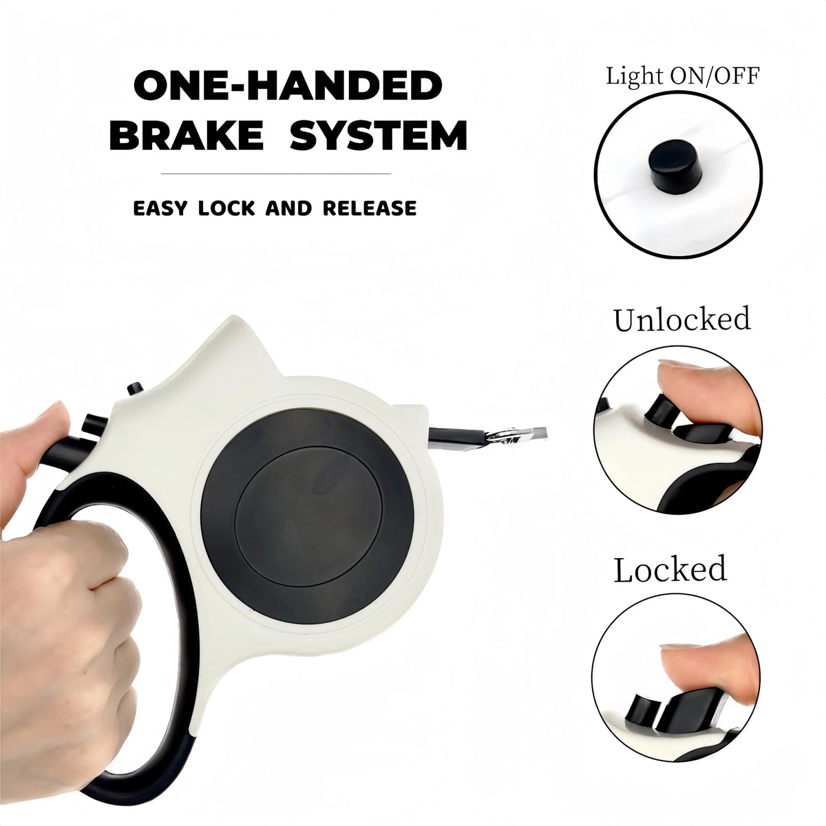 Retractable dog leash with one-handed brake system and easy lock and release features.