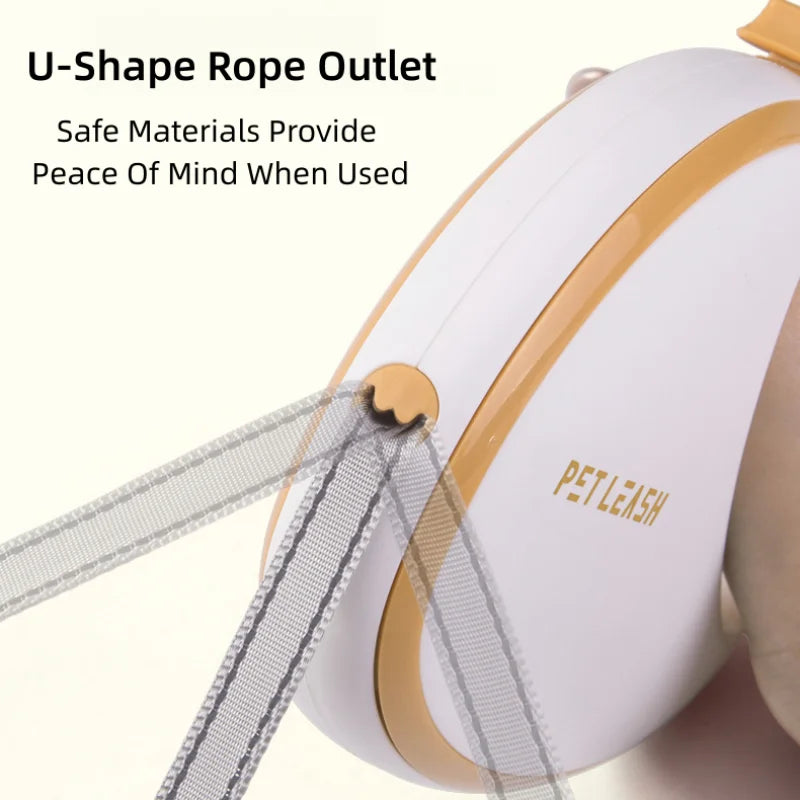 Close-up of a white and gold pet leash with a U-shaped rope outlet, showing gray mesh straps and the brand name PET LEASH on a light background with promotional text.