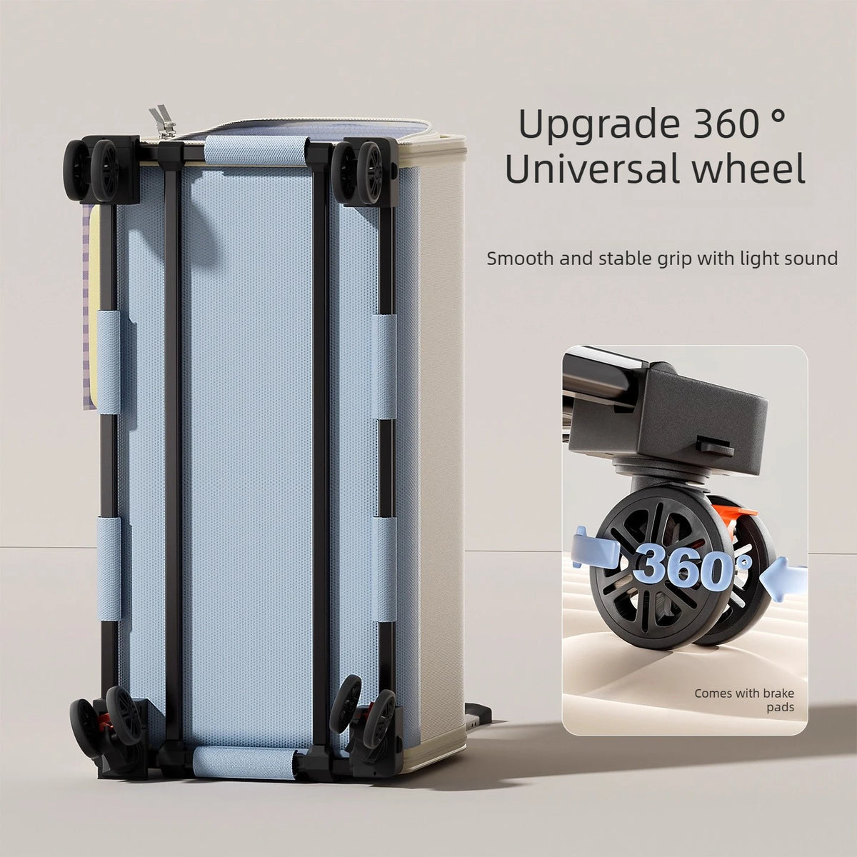 Suitcase with 360-degree universal wheel on a light background