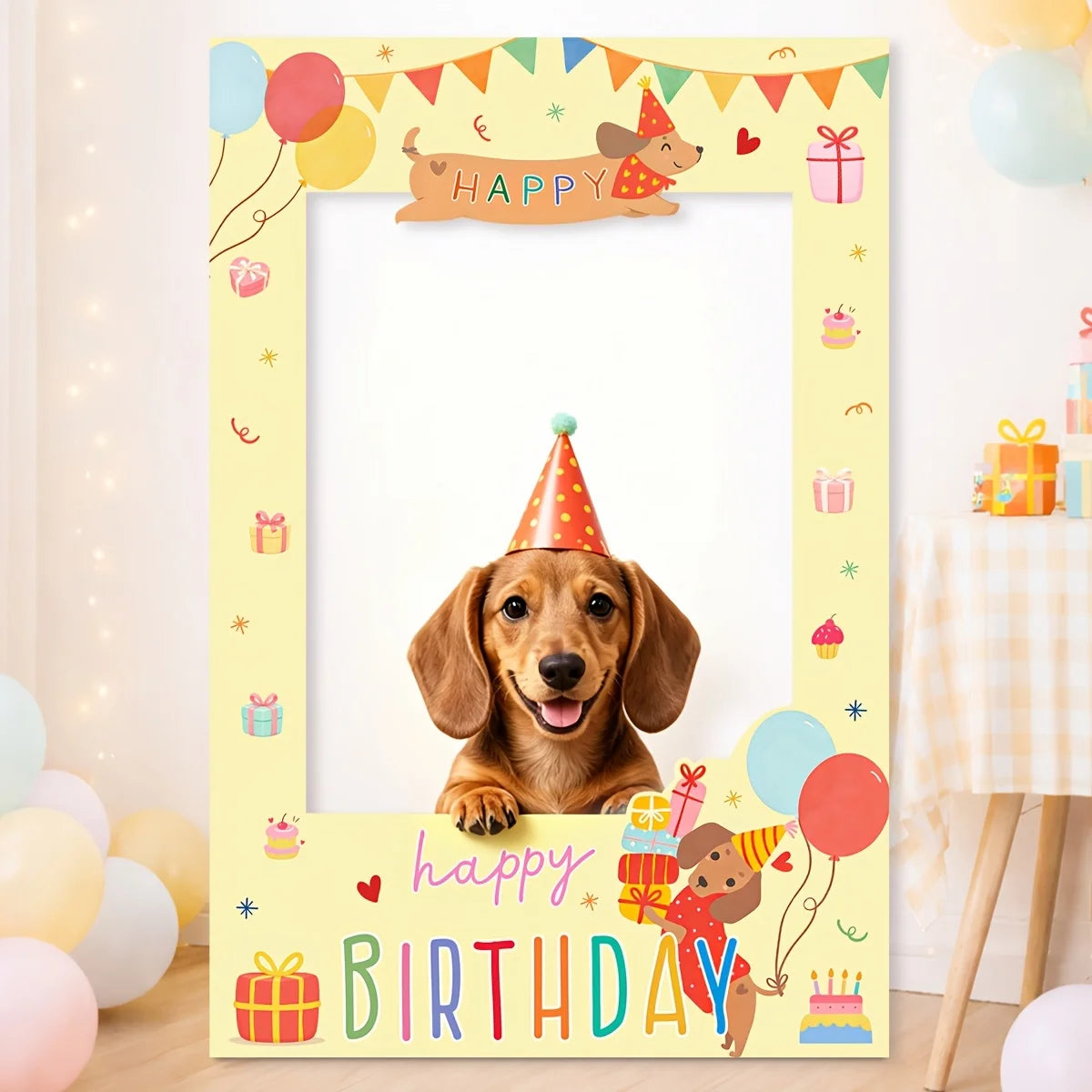 A personalized birthday photo frame with a dachshund dog wearing a party hat, surrounded by colorful balloons, banners, and 'Happy Birthday' text on a light yellow background.