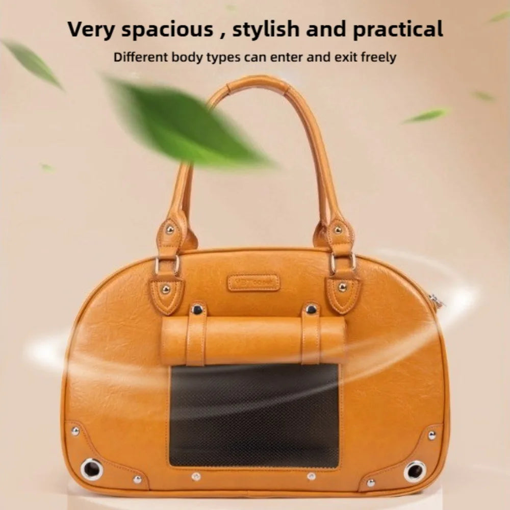 Brown handbag with black patch on a beige background