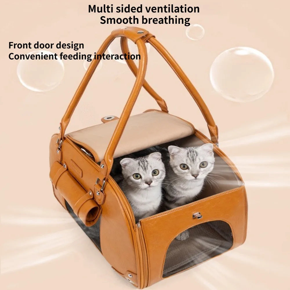 Pet carrier with two cats inside, featuring text on its benefits.