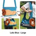 A collage showing a large lake blue pet carrier shoulder bag with a sleeping lion-face applique and fluffy orange mane. The left panel includes dimensions (45 cm wide, 29 cm tall, 12.