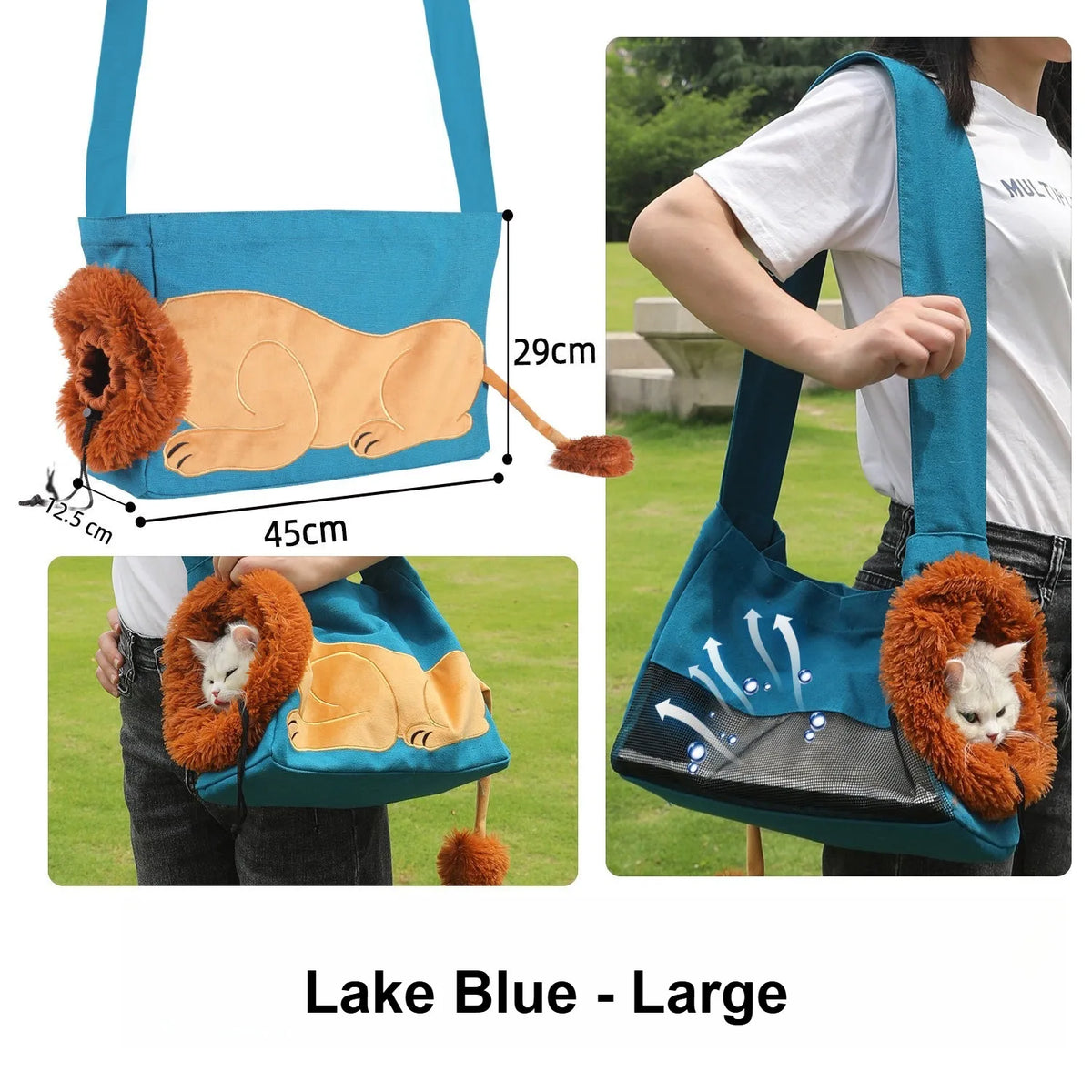 A collage showing a large lake blue pet carrier shoulder bag with a sleeping lion-face applique and fluffy orange mane. The left panel includes dimensions (45 cm wide, 29 cm tall, 12.