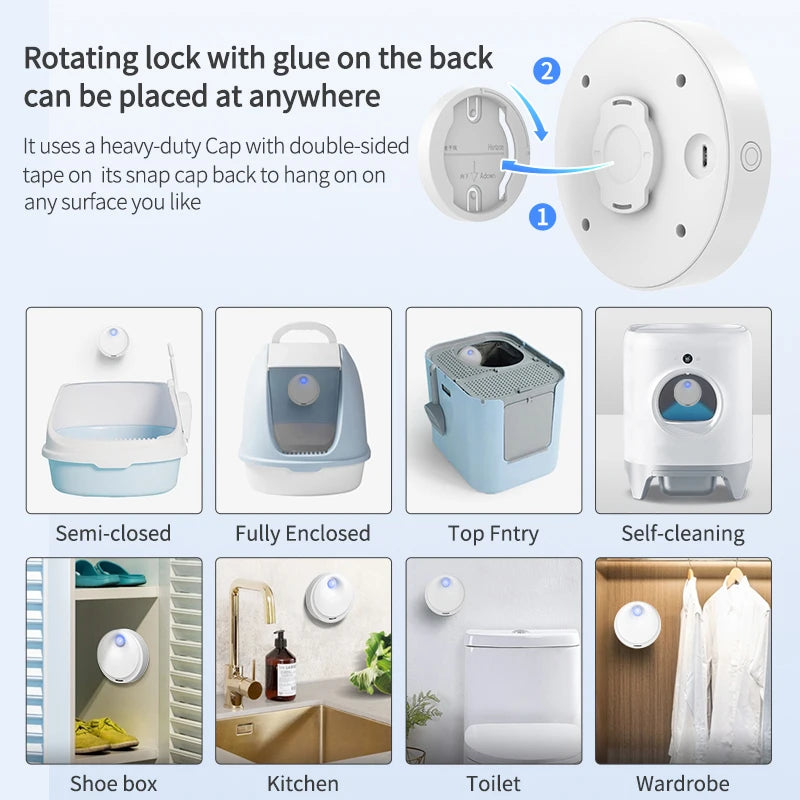 Product with rotating lock and various usage scenarios on a white background