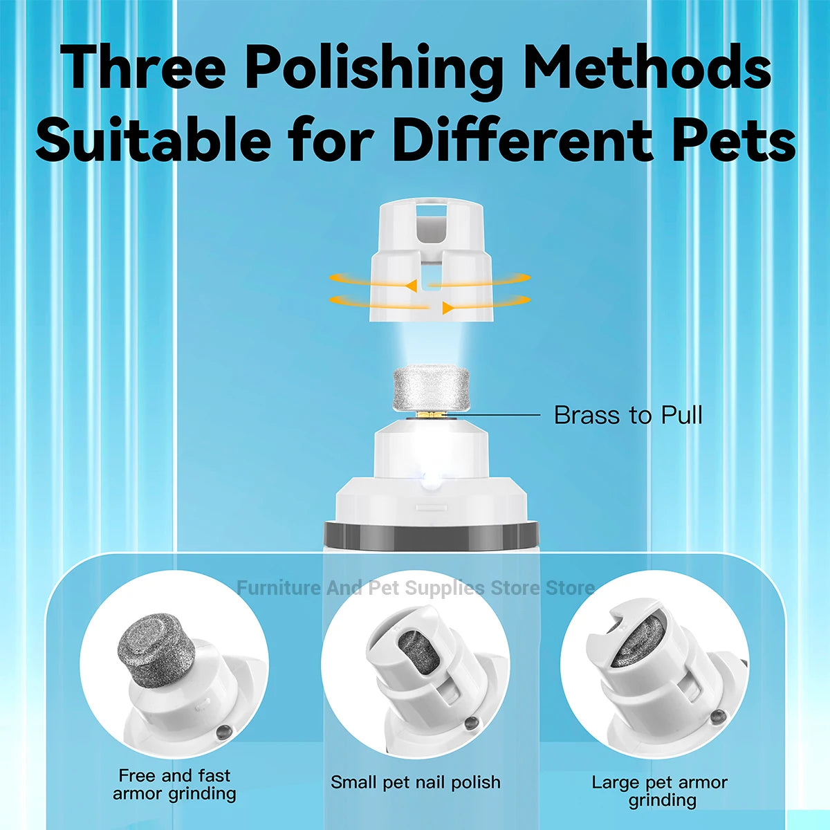 Polishing tool with three methods for different pets on a blue background