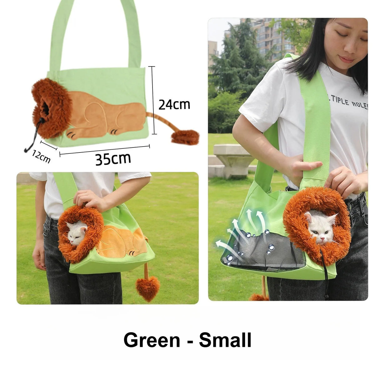 A green pet carrier shoulder bag with a plush lion face and tail, shown both as a standalone product and being worn outdoors by a person with a cat inside. The image includes dimension labels (24cm, 35cm, 12cm) and the text 'Green - Small' at the bottom.