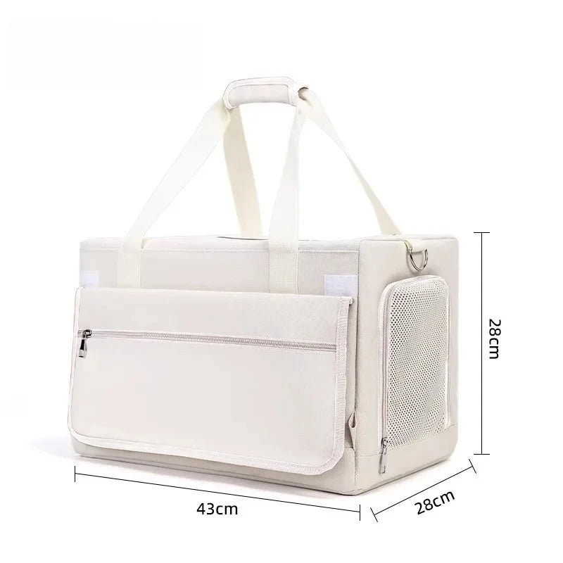 Beige pet carrier with dimensions on a white background