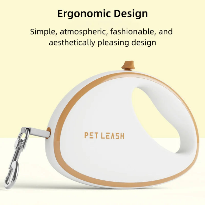 A retractable pet leash with a white body and tan trim, shown on a pale yellow background with the text 'Ergonomic Design' and 'Simple, atmospheric, fashionable, and aesthetically pleasing design.' The leash has 'PET LEASH' printed on it and includes a metal clip attachment.