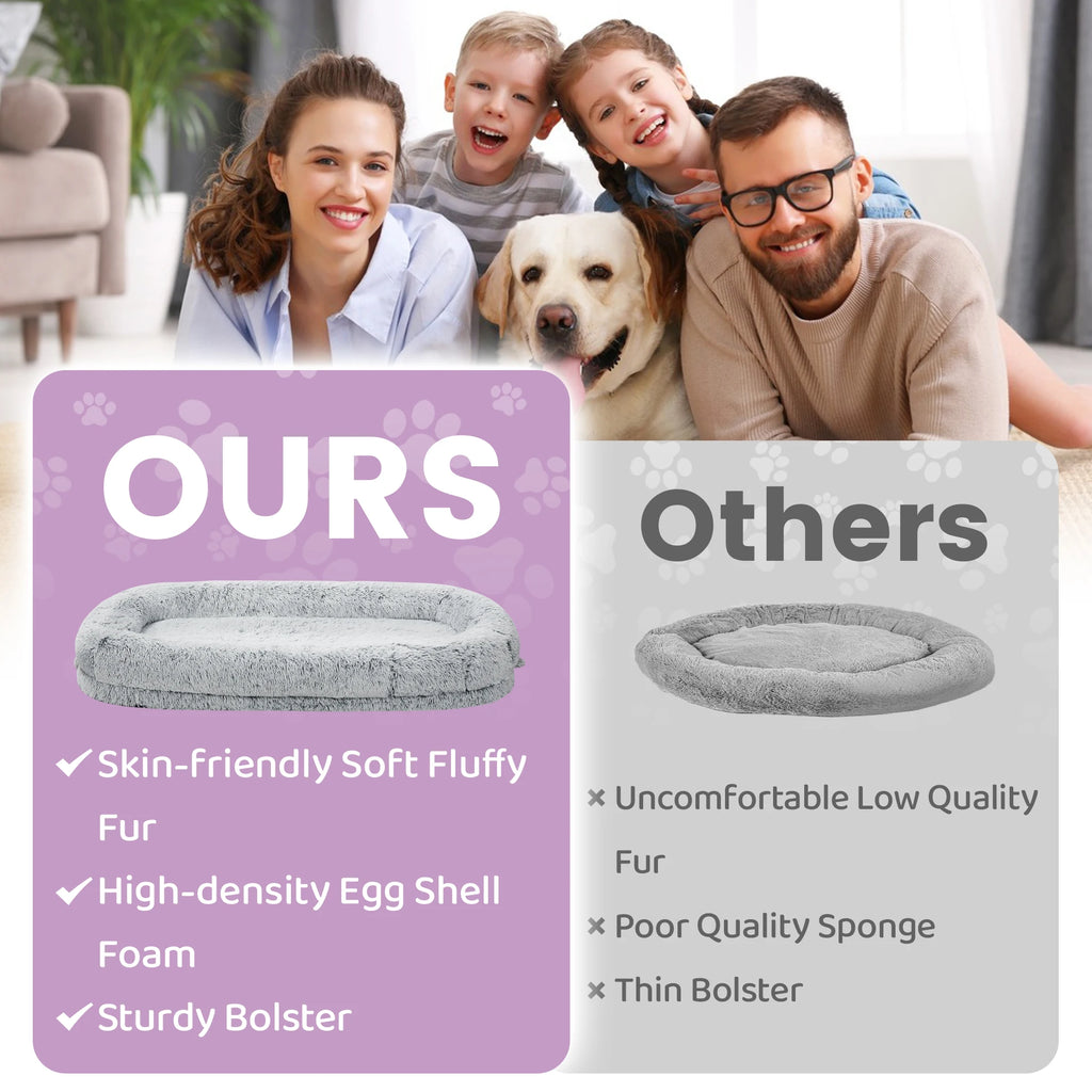 A promotional comparison graphic for a pet bed. The top shows a family and a yellow Labrador dog in a living room, with a large inset showing the product itself.