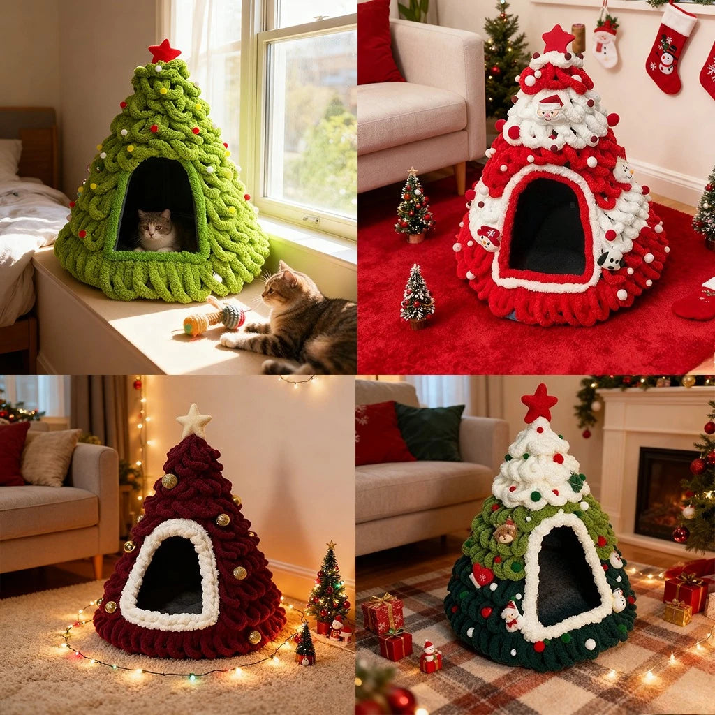 Collage of Christmas-themed cat houses in various settings.