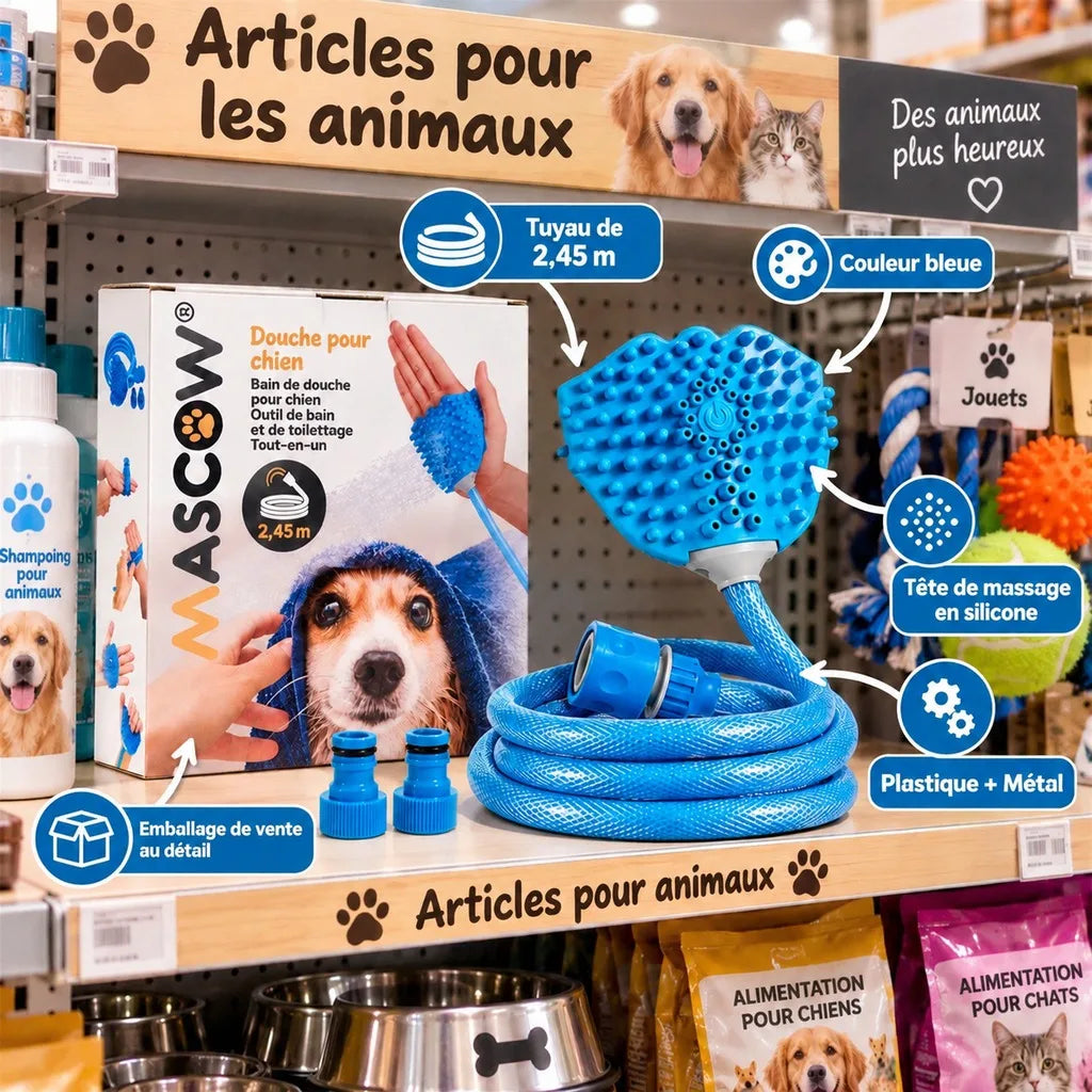 A dog shower set displayed on a pet store shelf, including a blue silicone massage head, blue hose, two blue nozzles, and the branded retail box. French text labels the product and shelf context, with dog and cat imagery printed on the packaging.