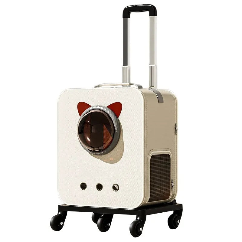 Beige pet carrier with cat ears and 'Taigepets' branding on a white background