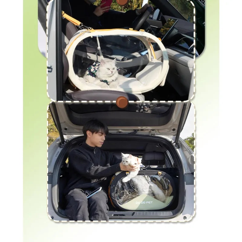 A pet car seat shown in two usage scenarios: first inside a car trunk with a white cat sitting inside, and second with a man sitting inside the trunk holding the cat next to the pet car seat. The pet car seat has a clear top and a cream-colored fabric base with gold trim.
