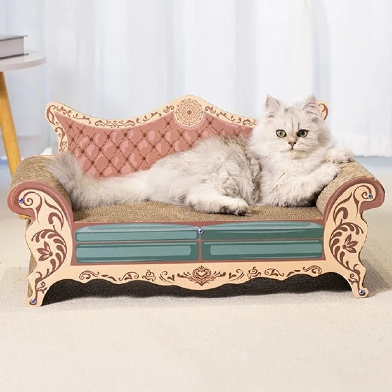 Cat lounging on a decorative cat bed with ornate design