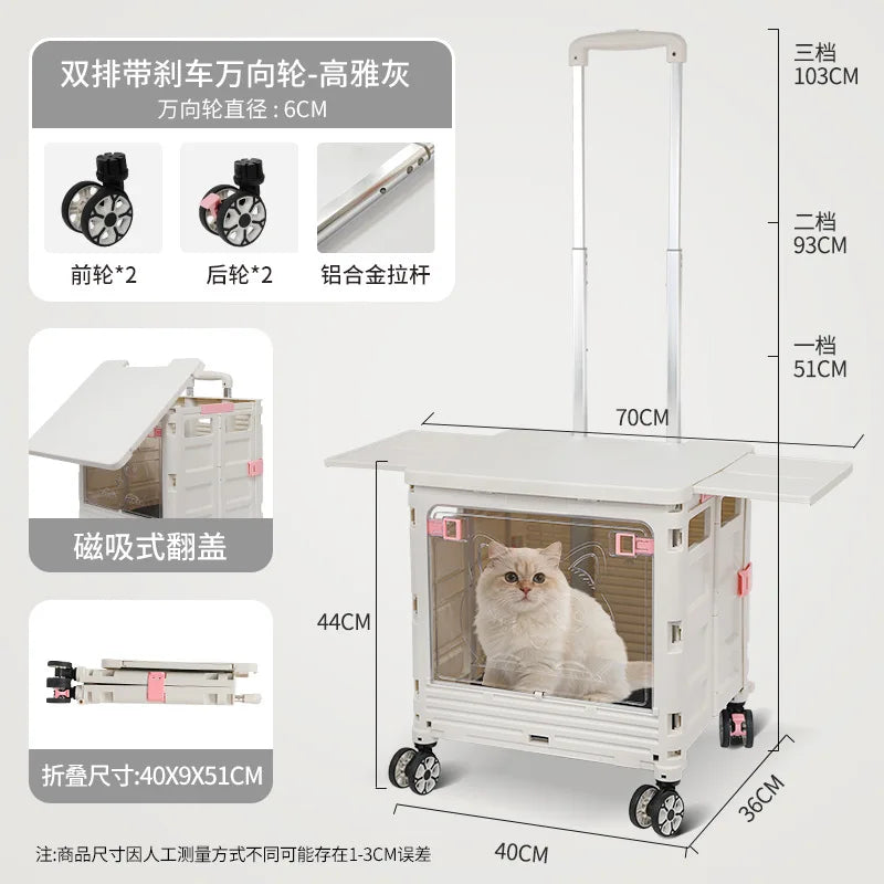 A white pet stroller and cart with a cat sitting inside, shown with dimension callouts and feature inset diagrams on a light gray background. The stroller has a folding table top, four wheels, a telescoping handle, and a transparent front panel.