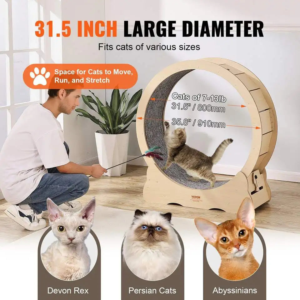 Pet exercise wheel with a person and cats, featuring text about size and features.