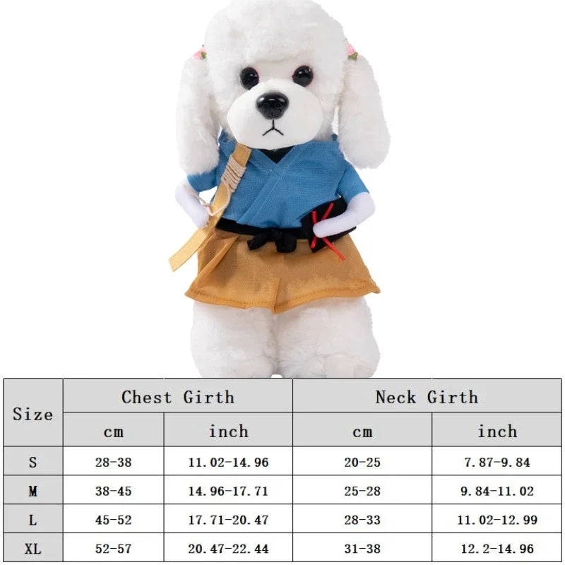 White plush dog toy in martial arts outfit with size chart on a white background