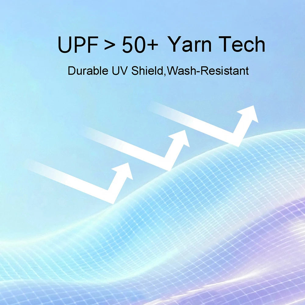 Text on a blue background about UPF > 50+ yarn technology with arrows indicating durability and resistance.