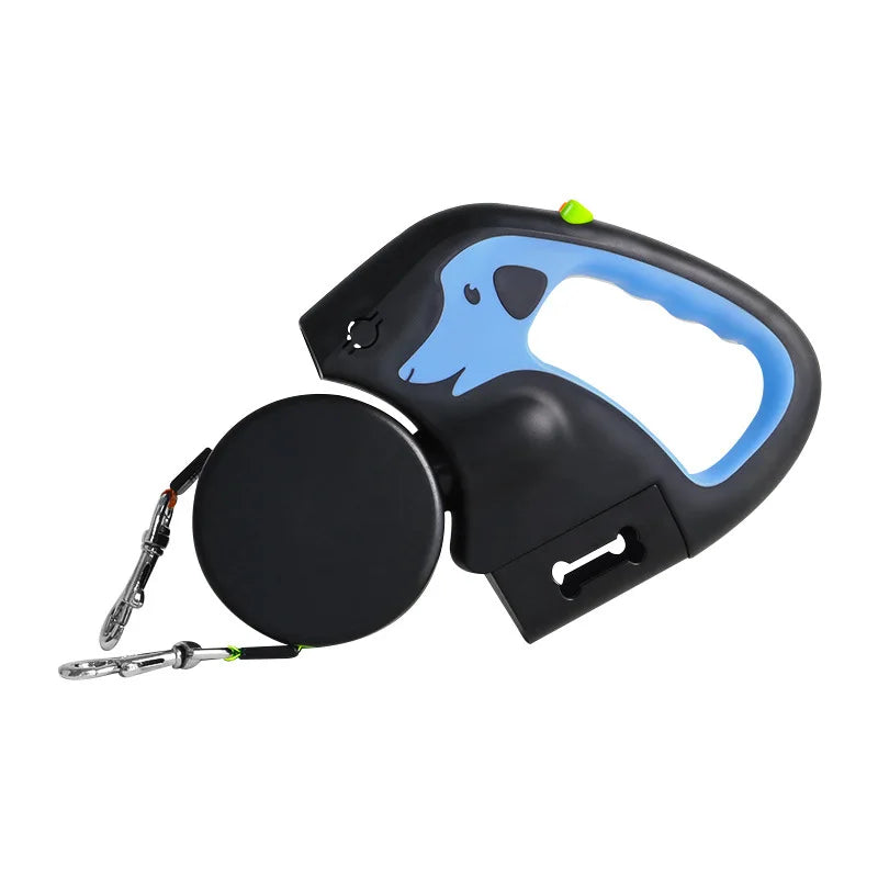 Black and blue retractable dog leash on a white background
