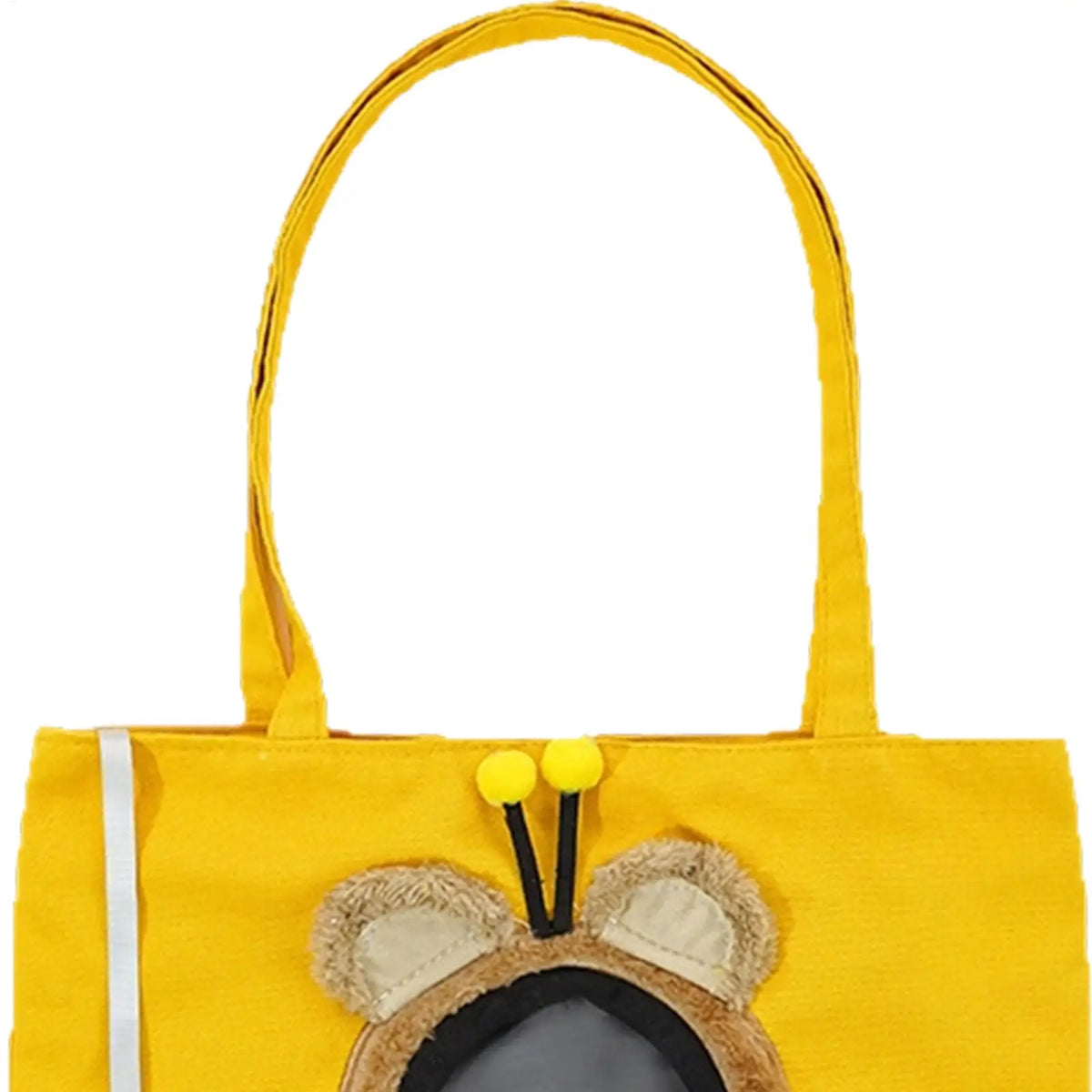 A bright yellow fabric tote bag featuring a cute bee character design on the front, complete with embroidered brown and beige wings, black antennae, and two yellow pom-poms, set against a plain white background.
