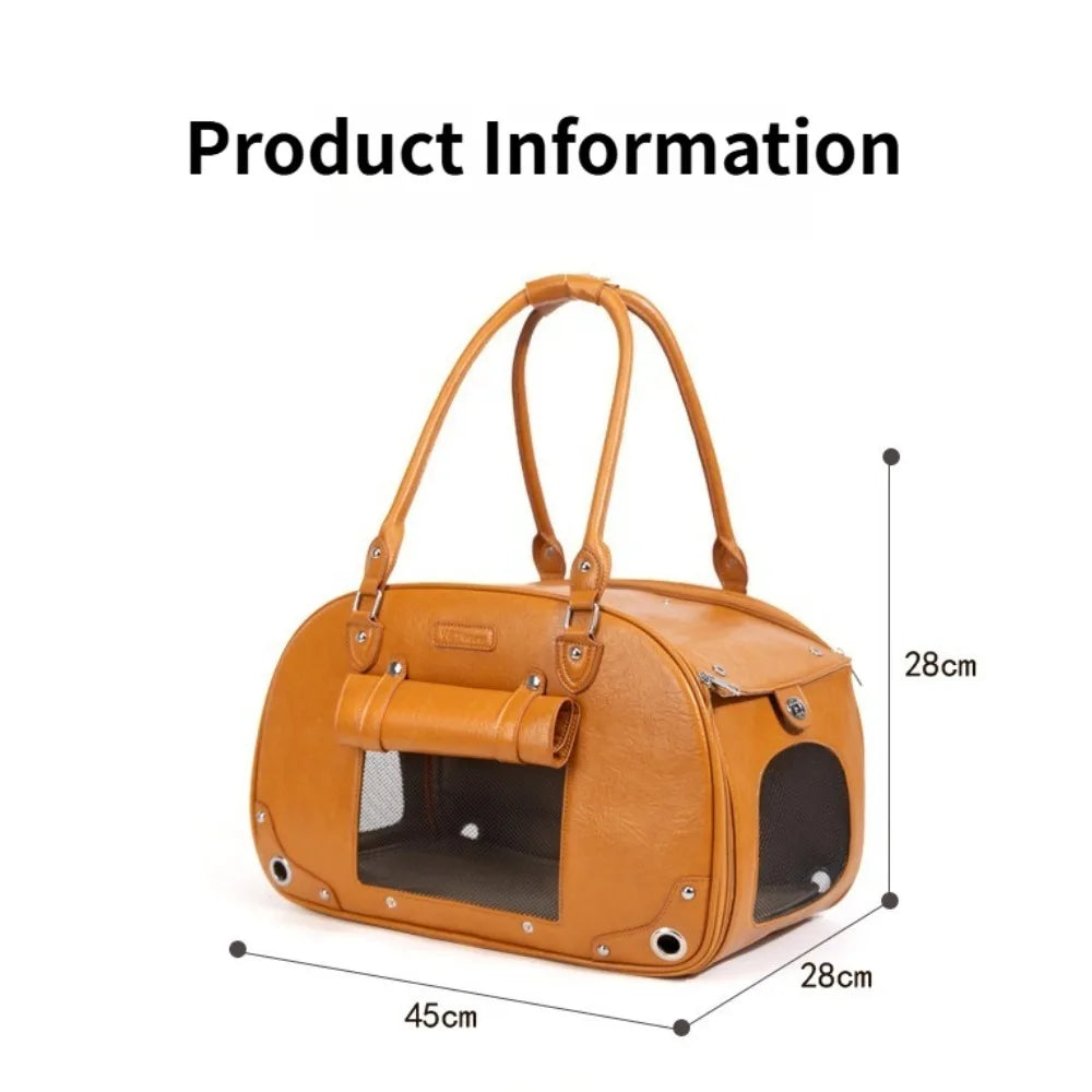 Orange pet carrier with dimensions on a white background