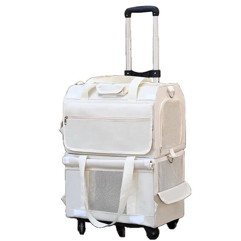 White rolling suitcase with a mesh side panel on a white background