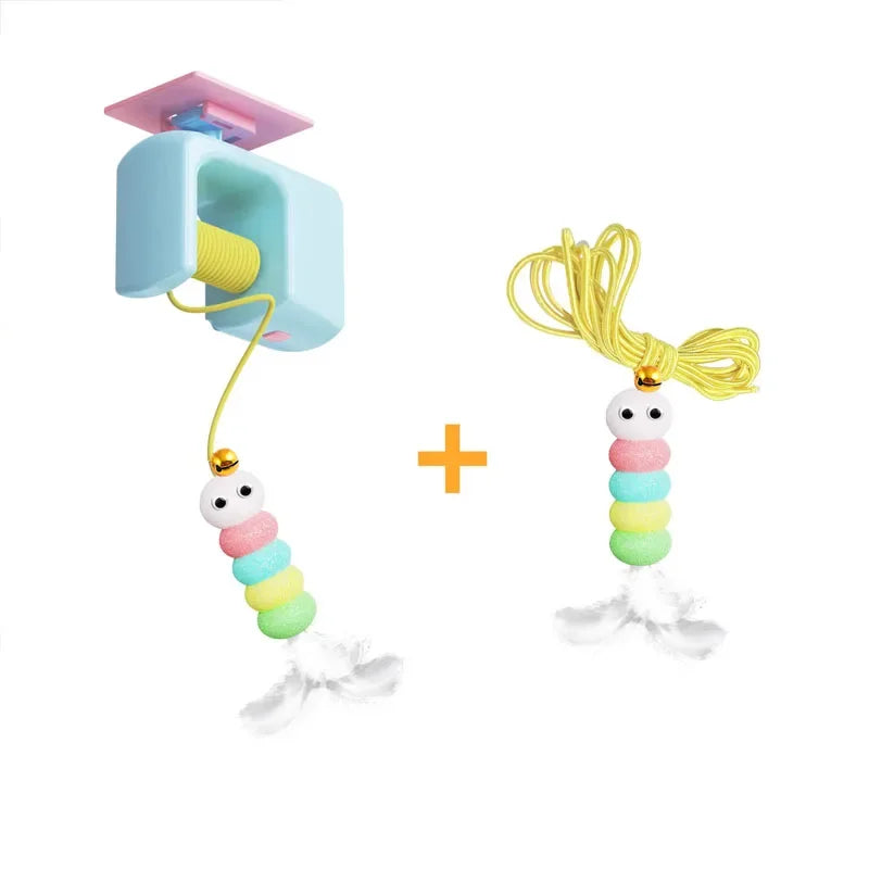 Colorful cat toy with a pastel-colored holder on a white background