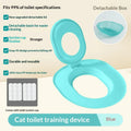 Blue cat toilet training device with features listed on a beige background