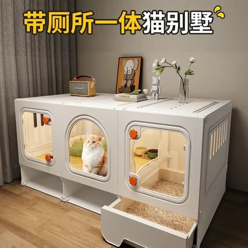 Indoor Cat Cage Villa with Integrated Litter Box | Wooden Cat House for Small Apartments