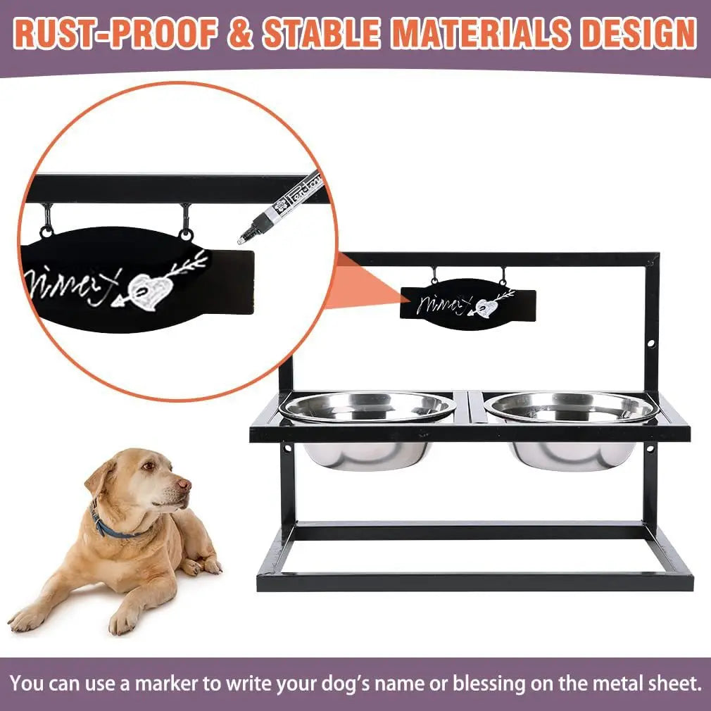 Black metal elevated double dog feeder with stainless steel bowls, shown on a white background with a small dog photo, a circular close-up of a personalized nameplate, and marketing text about rust-proof stable materials.
