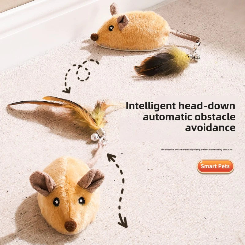 Two plush mouse toys with feather tails on a light surface, labeled 'Intelligent head-down automatic obstacle avoidance' by Smart Pets.