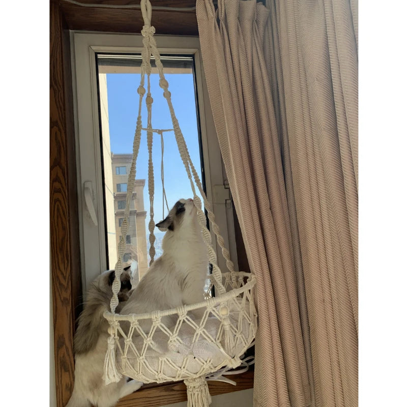 Bohemian Cat Hammock Swing Bed – Handwoven Cotton Macramé