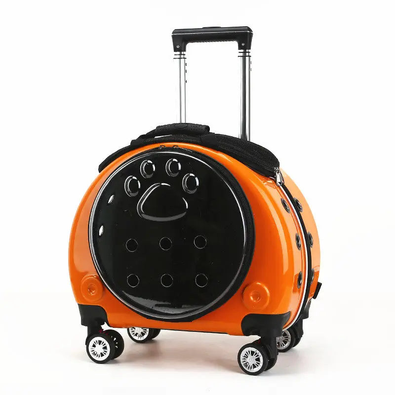 Orange and black suitcase with paw print design on a white background