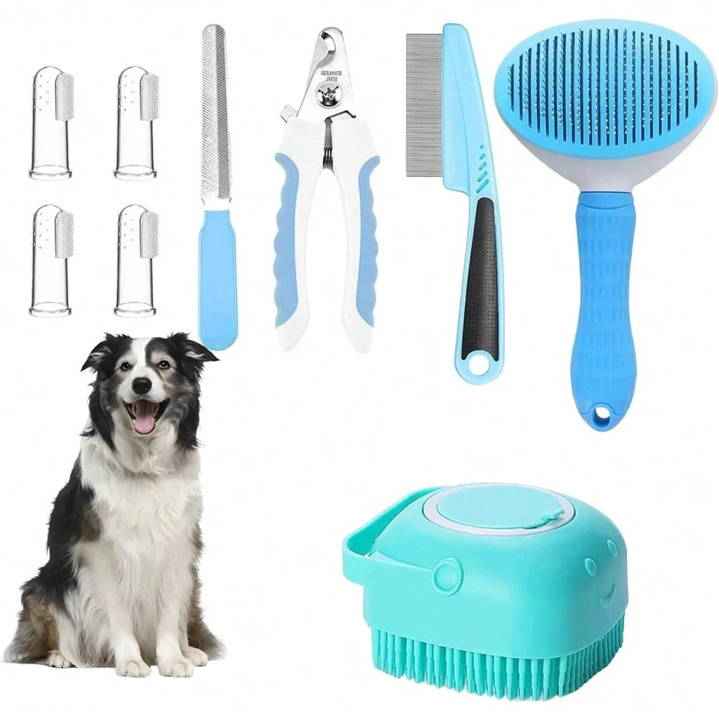 A pet grooming kit with multiple tools and accessories, including a blue and white grooming brush, nail clippers, nail file, comb, and several small metal nail tips, plus a turquoise pet scrubber. A black-and-white dog is pictured on the left side of the composite background.