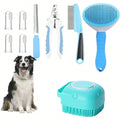 A pet grooming kit with multiple tools and accessories, including a blue and white grooming brush, nail clippers, nail file, comb, and several small metal nail tips, plus a turquoise pet scrubber. A black-and-white dog is pictured on the left side of the composite background.
