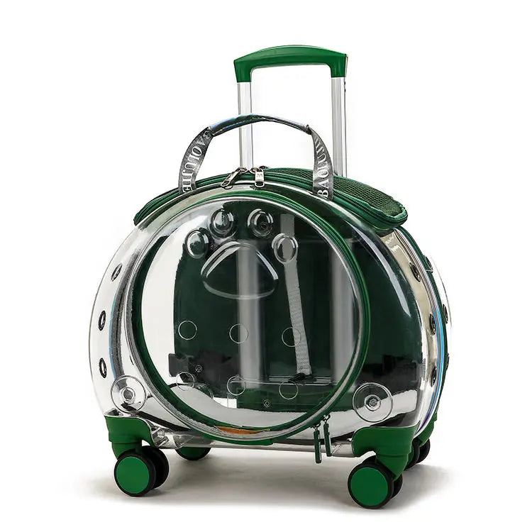 Green transparent suitcase with wheels on a white background