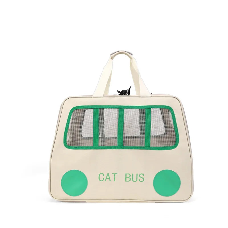 Pet carrier shaped like a bus with 'Cat Bus' text on a white background