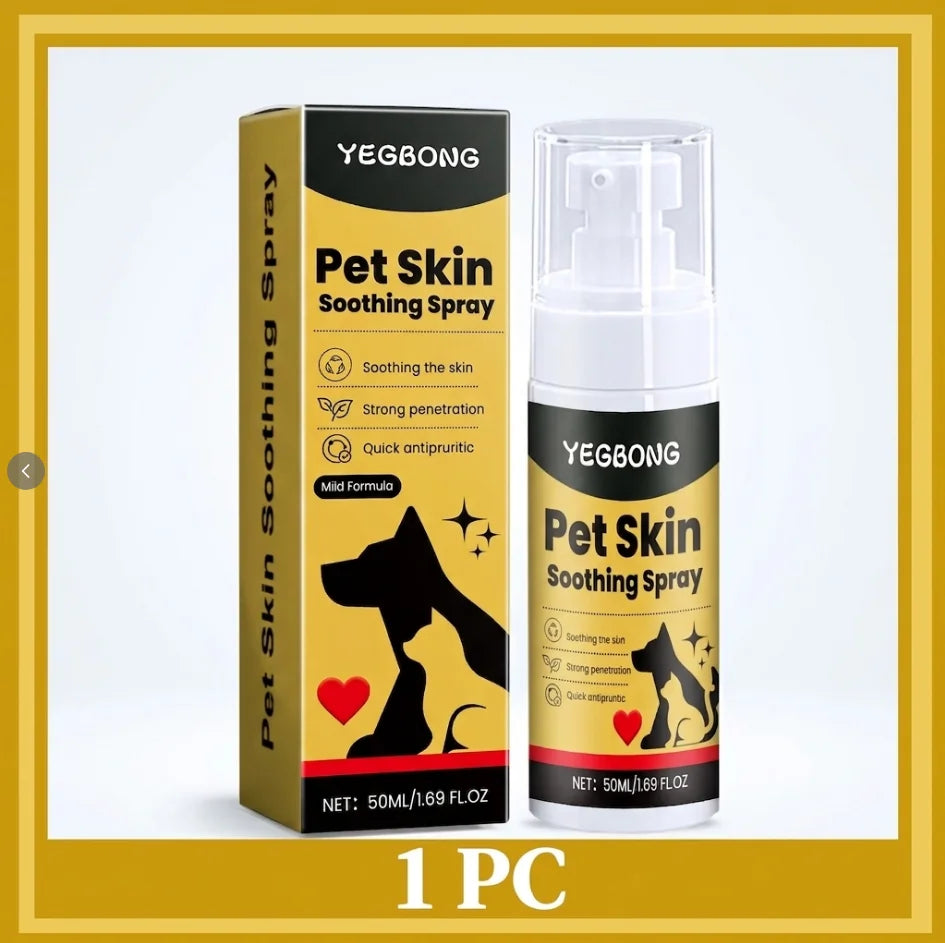 Yegbong Pet Skin Soothing Spray shown with its retail box and pump bottle on a white background with a gold border and a '1 PC' text overlay at the bottom.