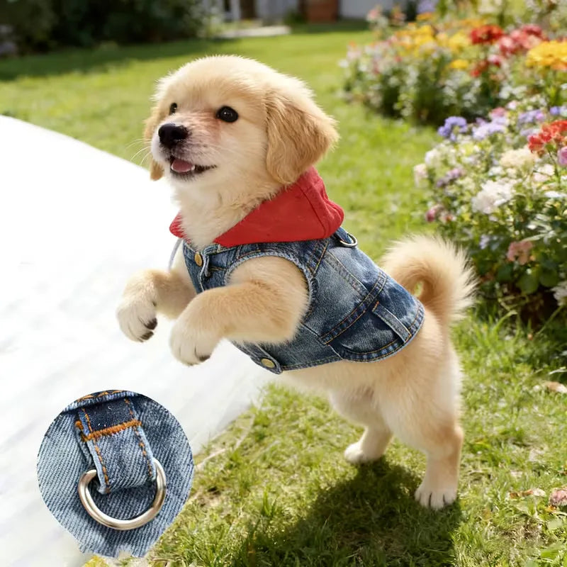 Puppy wearing a denim jacket with a red shirt underneath, standing on grass with flowers in the background.