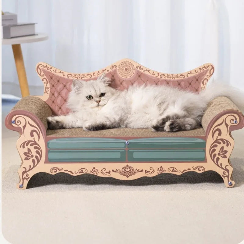 Cat lounging on a decorative cat bed designed like a small couch.