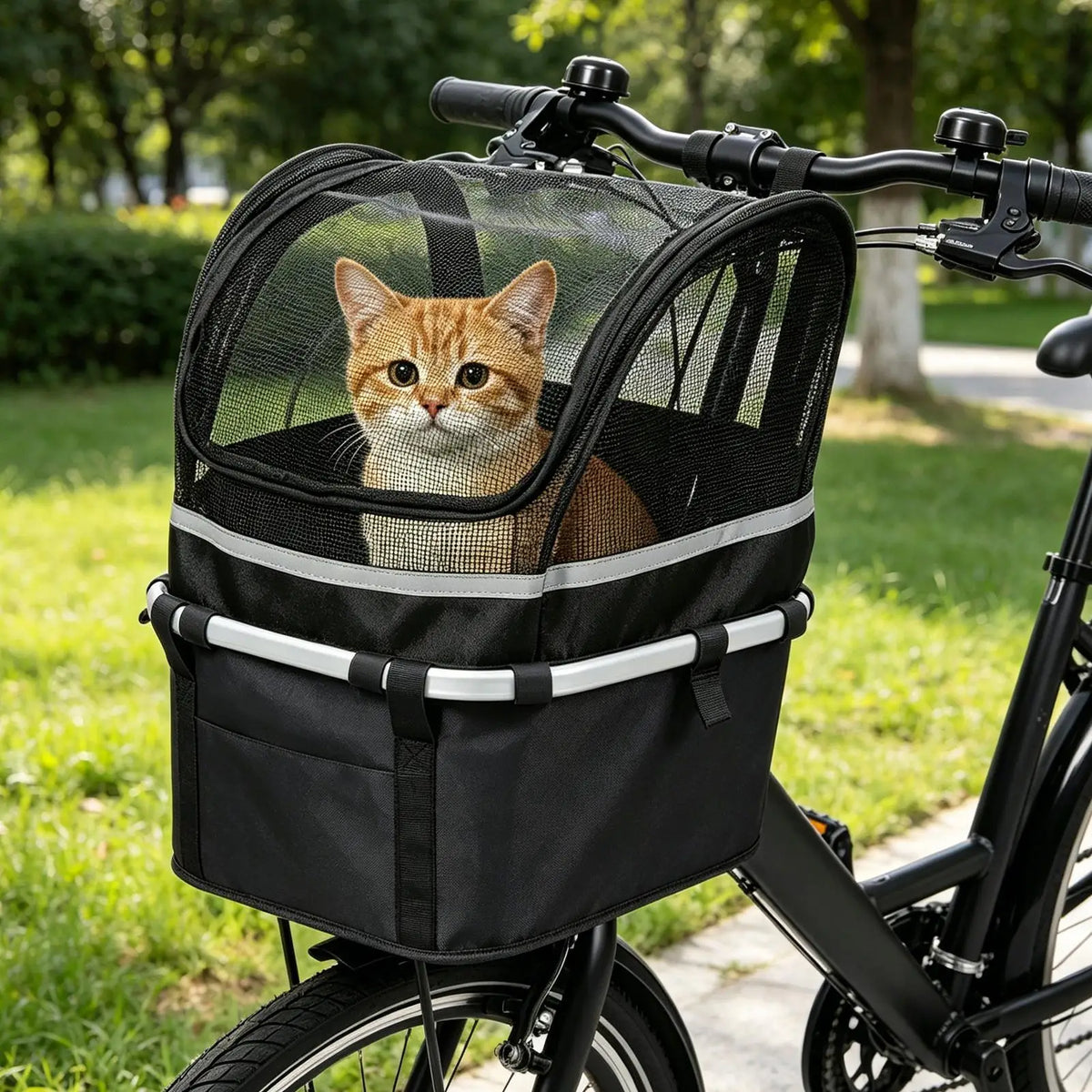 A black mesh bicycle pet basket with reflective trim, containing an orange tabby cat, attached to a black bicycle in a grassy park setting.