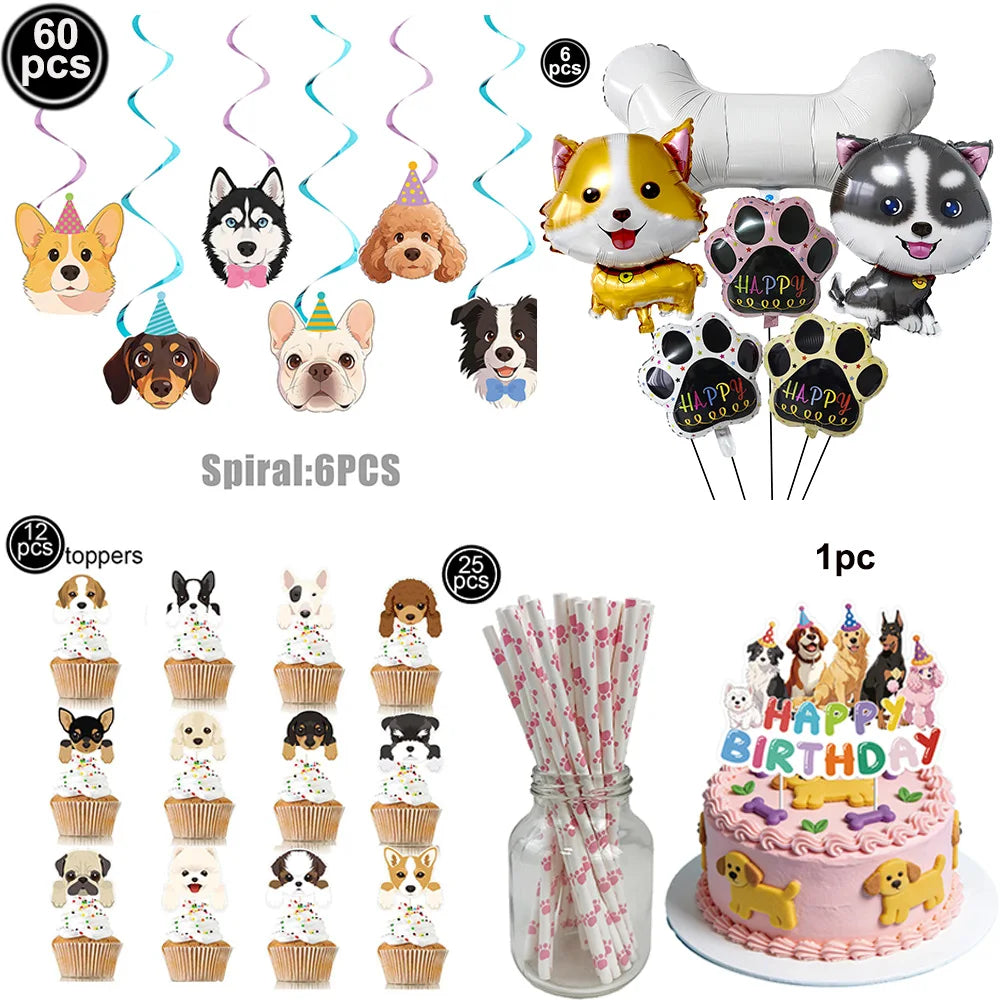 Dog Birthday Party Decoration Set – Banner, Balloons & Cake Decor for Pets