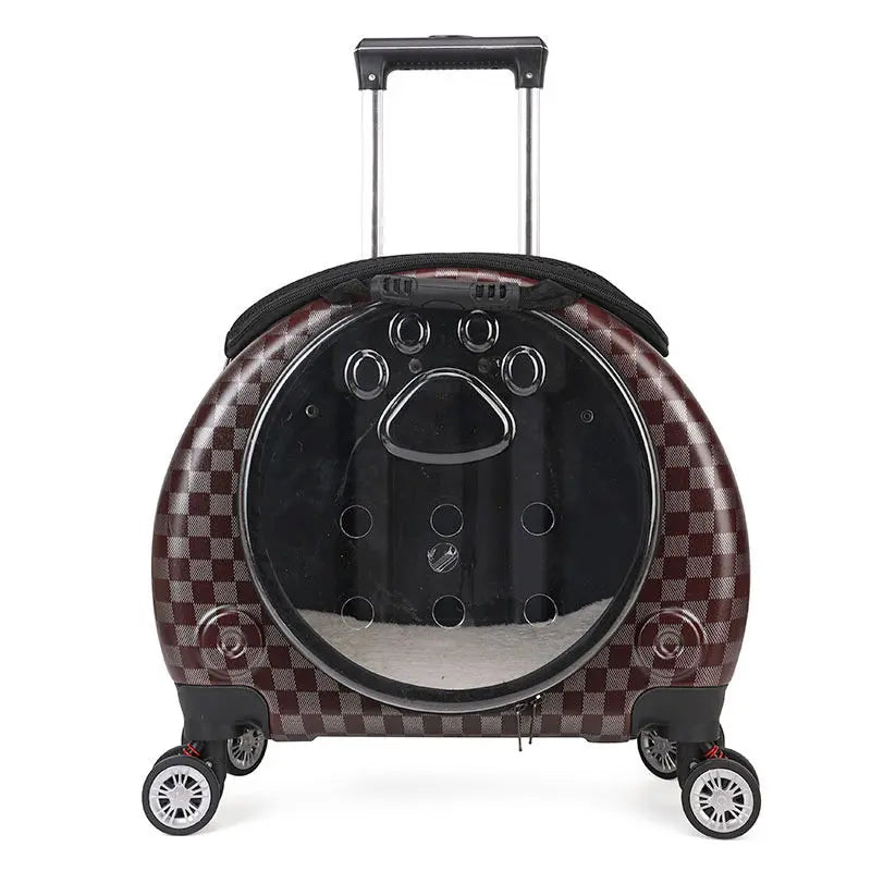 Pet carrier with checkered pattern and paw design on a white background