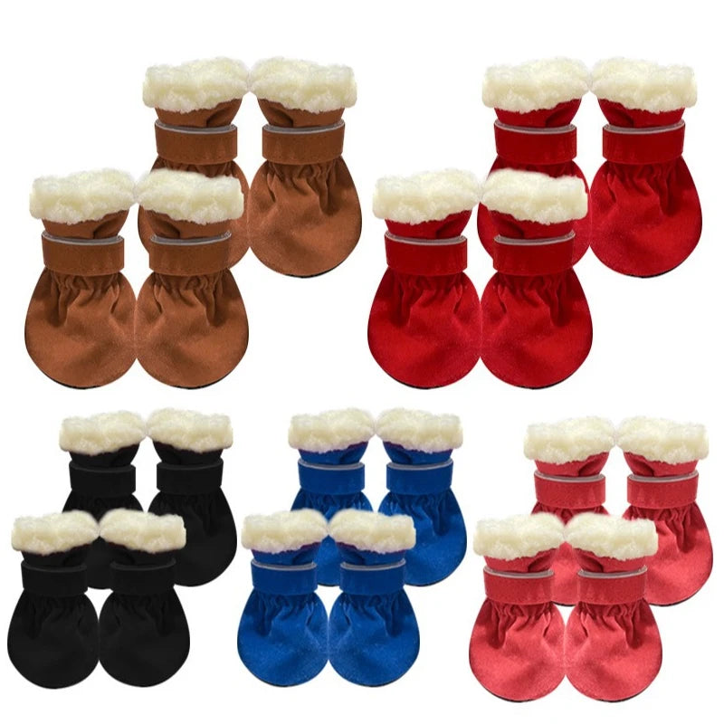 Set of dog boots in brown, red, black, blue, and pink with white fur lining on a white background.