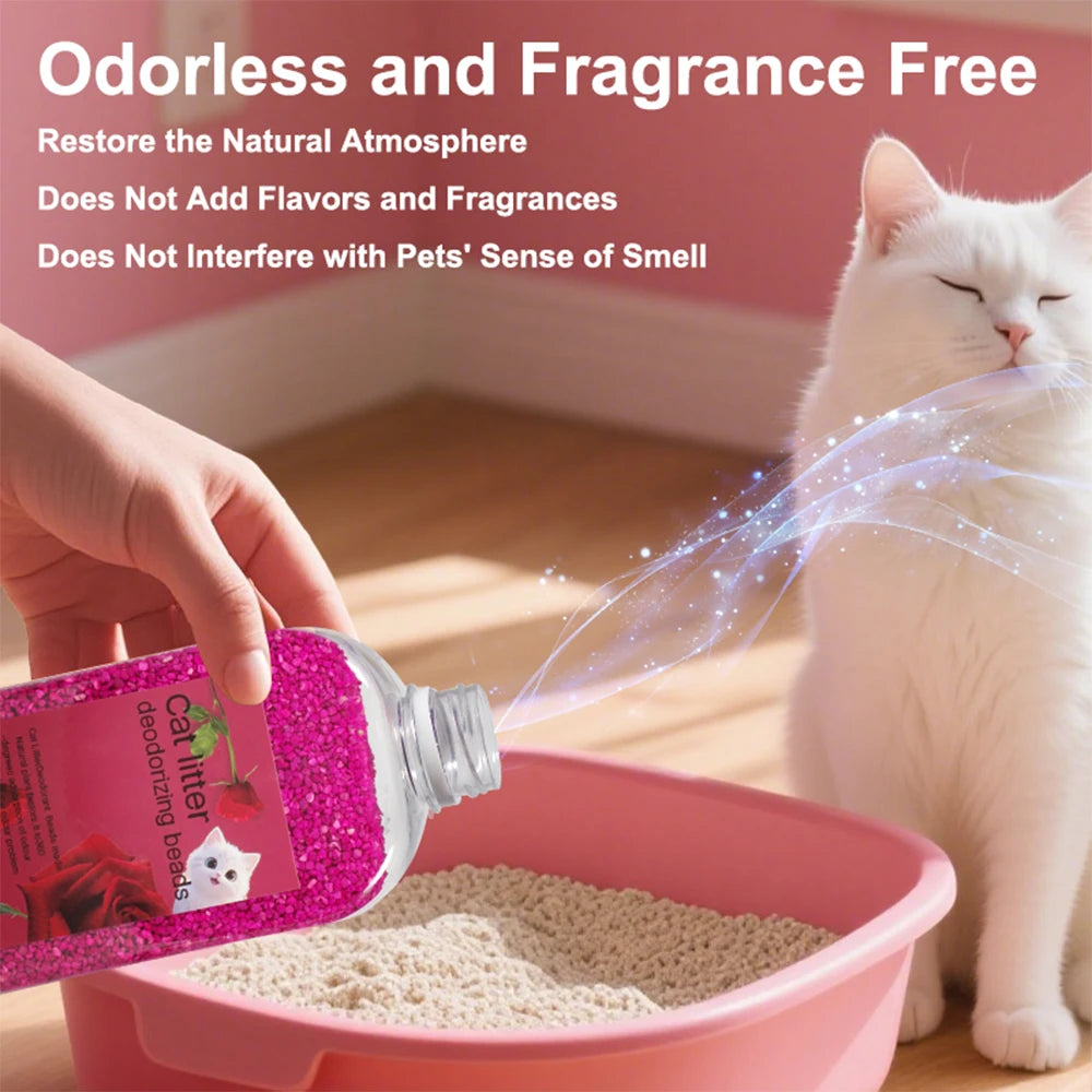 Person pouring cat litter into a pink litter box with a white cat sitting nearby, text about odorless and fragrance-free product.