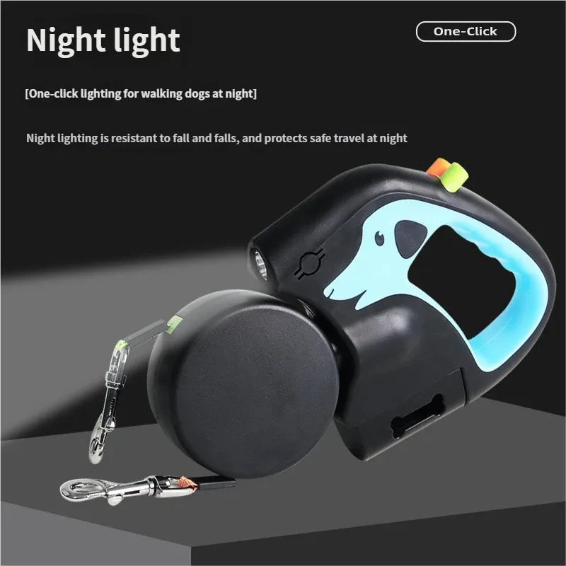 A retractable dog leash with a black body and a light blue dog silhouette design, shown with a retractable reel and metal clip on a dark studio background. Text on the image highlights one-click nighttime lighting.