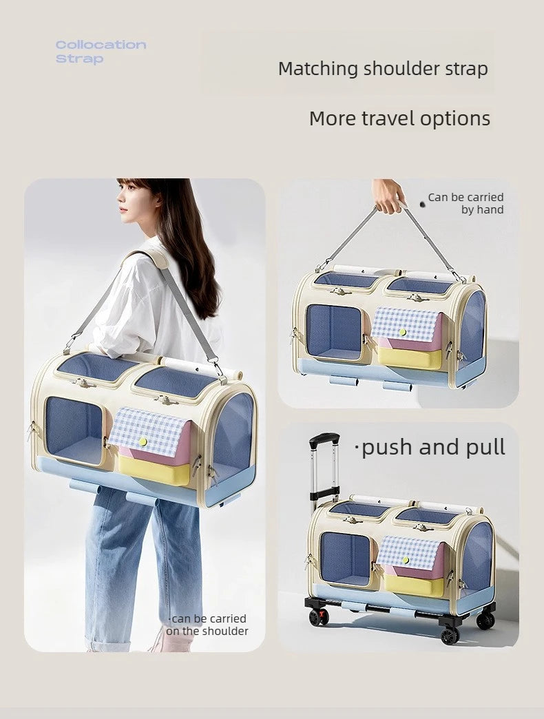 Pet carrier with matching shoulder strap, hand, push, and pull options on a light gray background.