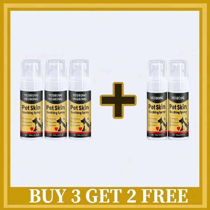 Promotional graphic showing six Vegg Bons Pet Skin Smoother Spray bottles arranged with a large plus sign in the center and a 'BUY 3 GET 2 FREE' banner at the bottom on a white background with a gold border.
